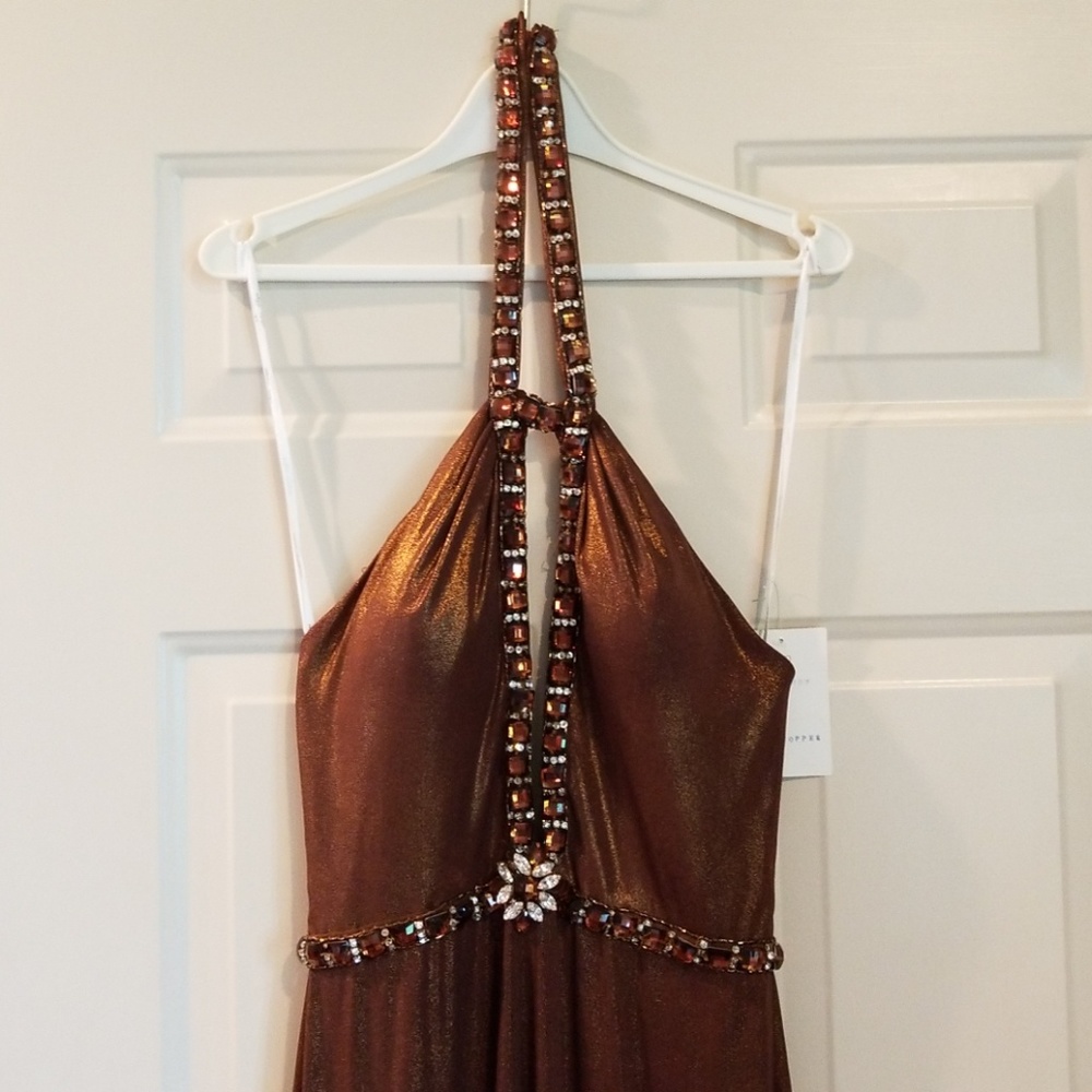 STUNNING Alyce Beaded Copper Halter Gown